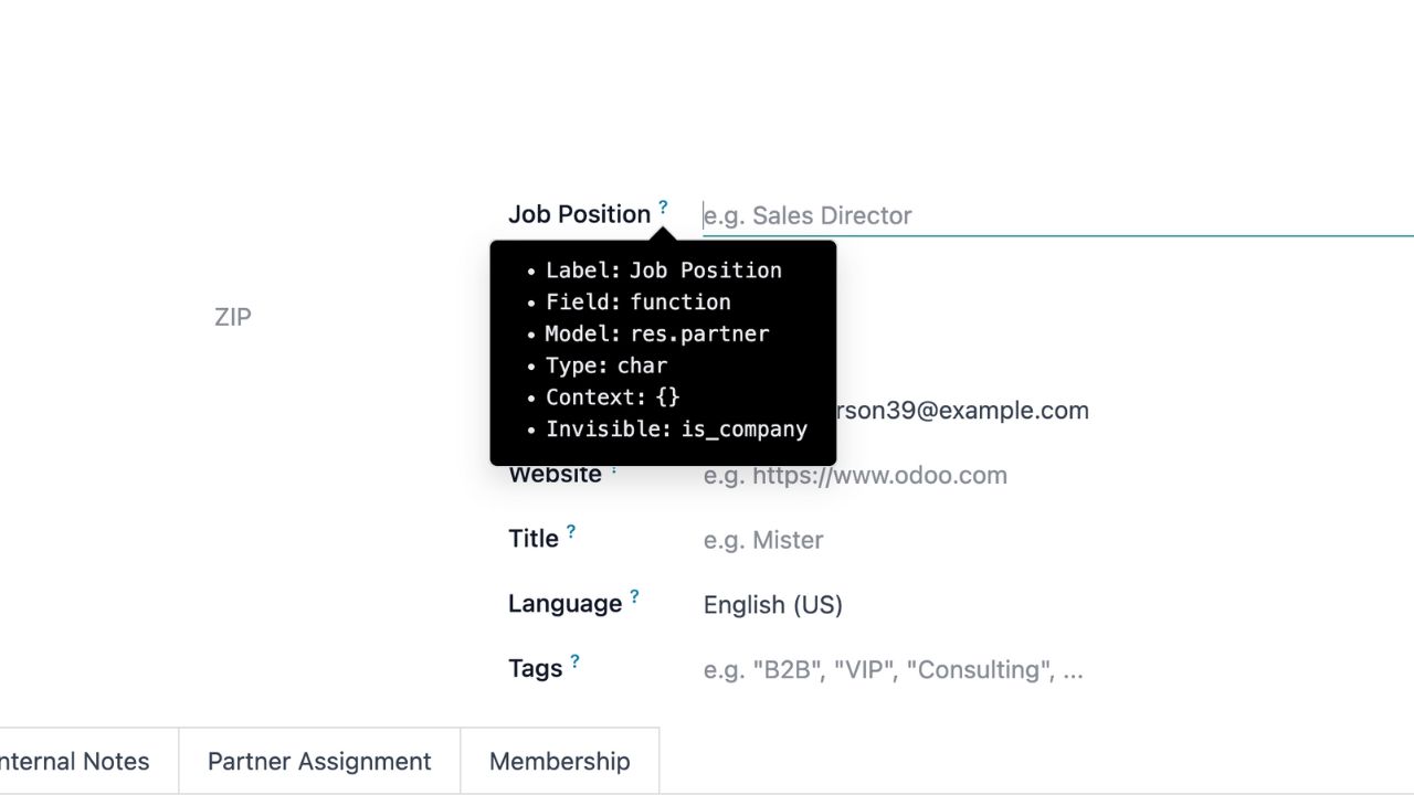 Odoo V18 Contact variable names cheatsheet